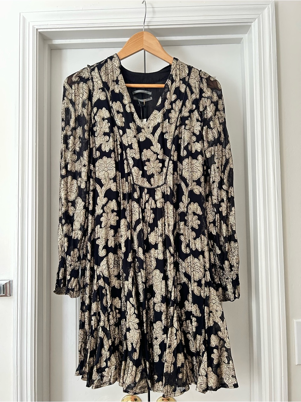 Anthropologie Black and Gold Metallic Floral Mini Shift Dress